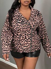 Slaydiva Plus Size Retro Streetwear Leopard Print Zip-Up Long Sleeve Jacket, Fall/Winter - Brown - View 6