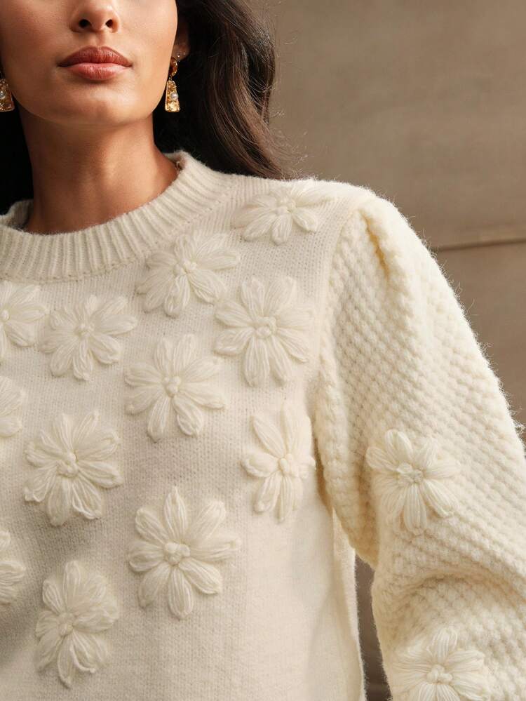 Thick Crochet Floral Knit Long Sleeve Sweater, Casual Workwear, Knit Pullover Fall Winter