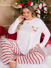 加大码圣诞鹿条纹长袖上衣和裤子睡衣套装，秋冬服装 - 彩色 - 查看 3