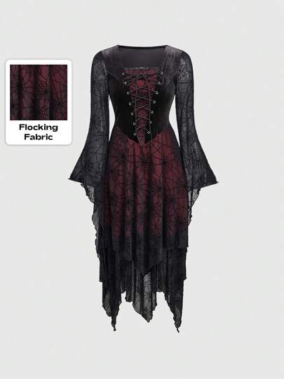 Women's Gothic Vampire Style Black & Red Color-Blocked Spider Web Flocked Flare Sleeve Midi Dress
