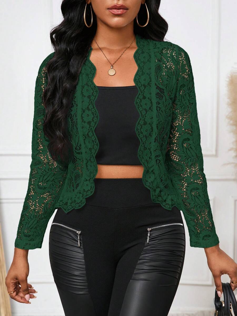 SHEIN Lady Chaqueta con dobladillo de volantes y encaje elegante y casual para uso diario, otoño - Verde - Ver 1
