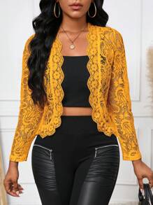 SHEIN Lady Chaqueta elegante y casual de encaje con ribete de volantes para ir al trabajo, otoño - Amarillo - Ver 1