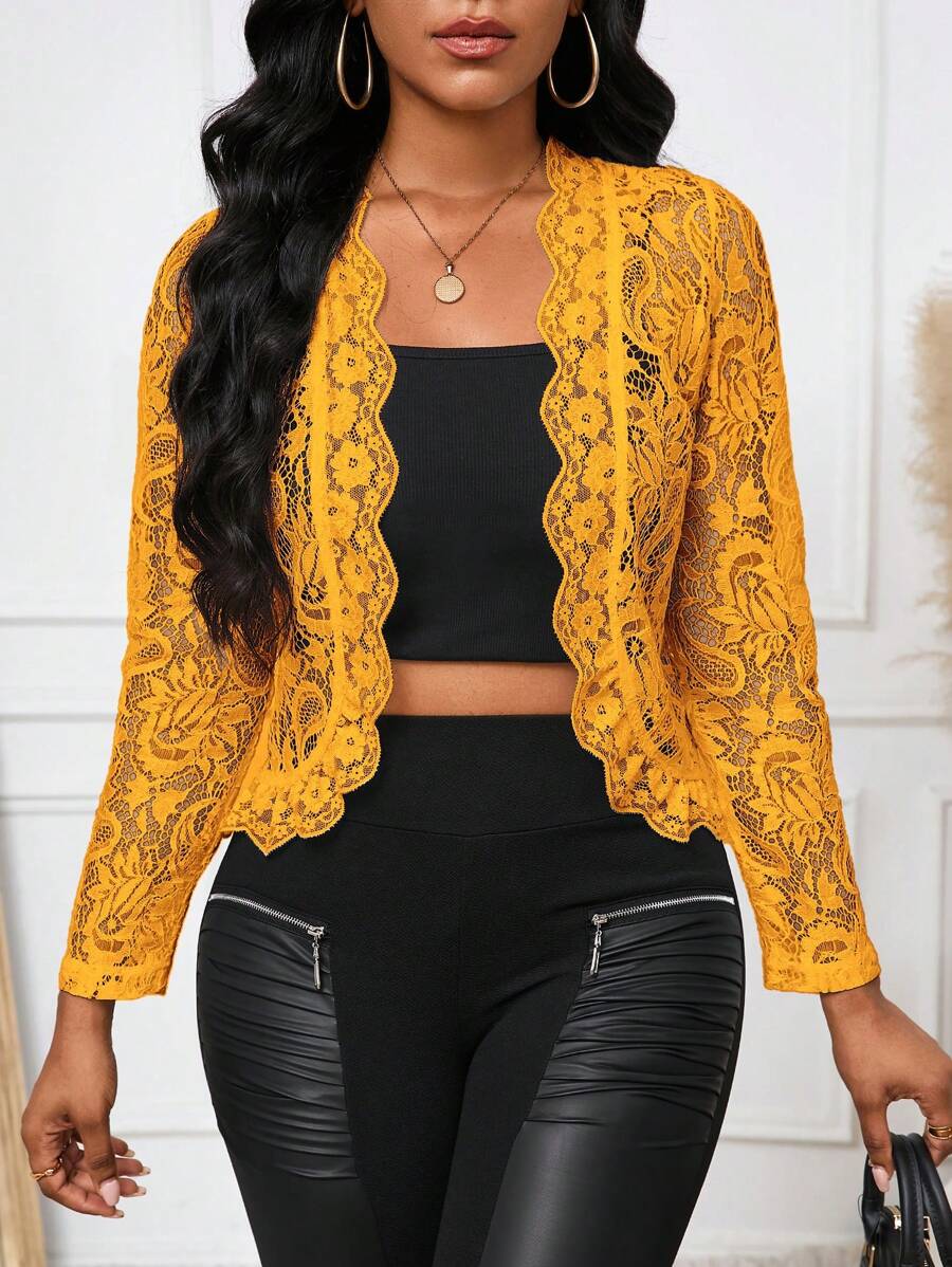 SHEIN Lady Chaqueta elegante y casual de encaje con ribete de volantes para ir al trabajo, otoño - Amarillo - Ver 1