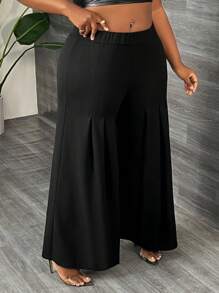 Slaydiva Calças femininas plus size com cintura elástica e cor sólida de malha com pernas largas - Preto - Ver 3