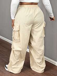 Slaydiva Pantalones cargo de talla grande con cintura alta, de uso casual, con bolsillo, color albaricoque