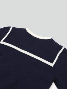 少女撞色镶边水手领 V 领优雅长袖连衣裙 - 藏蓝色 - 查看 7