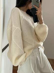 DAZY Women's Loose Fit Round Neck Solid Color Plaid Textured Sweater Fall - White - View 7