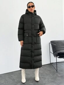 EURMUSE Unique Design Quilted Metallic Lined Hooded Drawstring Hem Puffer Long Winter Coat - Black - View 3
