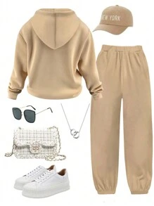 SHEIN Leap Crew Áo nỉ trùm đầu tay dài in chữ đơn giản thường ngày cho bé gái tuổi teen ở Brooklyn, New York, phù hợp với trang phục mùa thu/đông cho bé gái, quần áo mùa đông cho bé gái, quần áo cho bé gái tuổi teen, trang phục mùa thu, quần áo mùa thu cho bé gái, áo nỉ mùa thu, bộ đồ cho bé gái tuổi teen, quần áo mùa thu cho bé gái, quần áo mùa thu cho bé gái tuổi teen, áo hoodie cho bé gái tuổi teen - Lạc đà - Xem 2