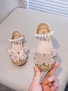 1 Pair Golden Color Children Flat Shoes With Rhinestones Cute Butterfly Glitter Slip-On - Gold - View 3