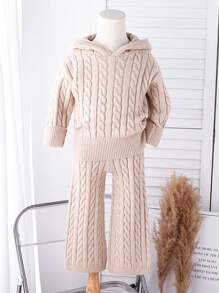 2pcs Toddler Girls Fall Outfit, Hooded Chunky Knit Sweater Set, Casual Loose Solid Color Knit Suit