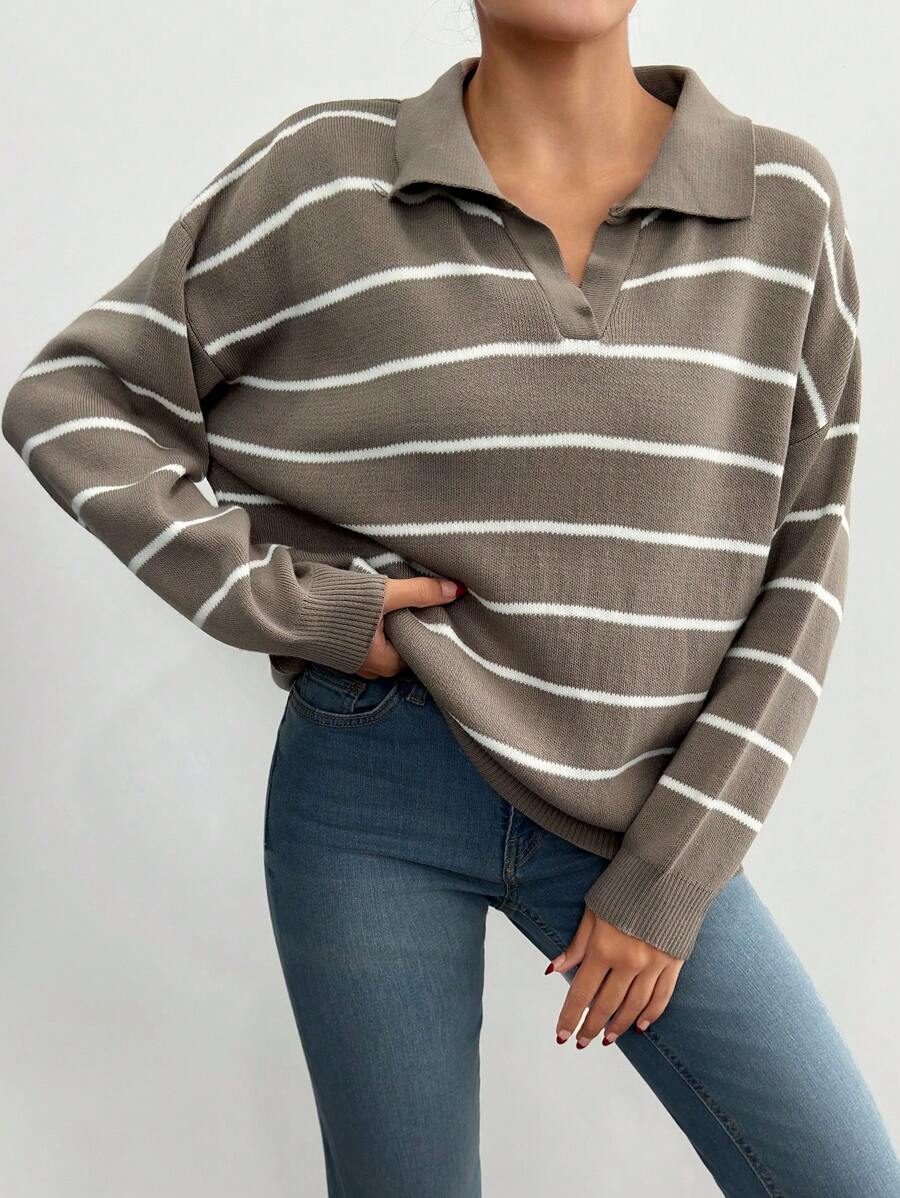 EURMUSE Women's Striped Print Collared Long Sleeve Pullover Sweater - Mocha Brown - View 1