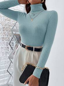 Cloudara Turtleneck Ribbed Knit Slim Fit Jumper - Green - View 4