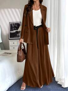 Chiquease Women Spring & Autumn Solid Color Lapel Long Sleeve Blazer Jacket And A-Line Skirt 2pcs Set, Elegant - Brown - View 5