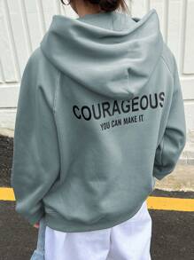 DAZY 女士休闲字母印花连帽抓绒卫衣，秋冬季 - 藍色 - 查看 2