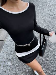 Chiquease Contrast Color Block Round Neck Long Sleeve Fitted T-Shirt