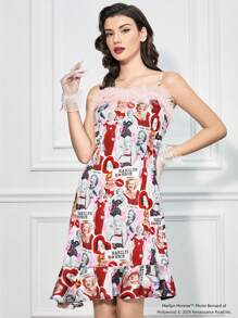Marilyn Monroe X SHEIN Women's Red Sexy Monroe Figure All Over Print Contrast Patchwork Fluffy Trim Asymmetrical Camisole Night Dress Sleepwear Sexy Pajamas Sexy Party Dress Sexy Sleepwear Christmas Fall Women Outfits - Burgundy - View 1