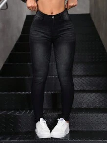 SHEIN Essnce Autumn Casual Water Washed Slant Pocket Skinny Denim Jeans - Black - View 6