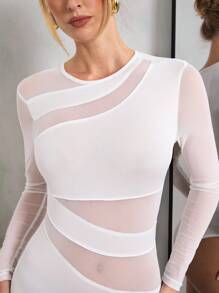 SHEIN BAE Women Summer Sexy Black Round Collar Mesh Splice Asymmetrical Bodysuit - White - View 4