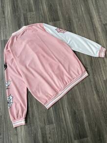 Manfinity EMRG Men Contrast Color Letter & Cartoon Print Baseball Collar Button Down Long Sleeve Jacket