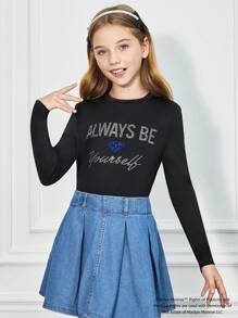 Marilyn Monroe X SHEIN Tween Girl Rhinestone English Letter Black Tight Tee