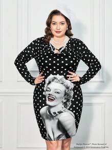 Marilyn Monroe X SHEIN Plus Size Elegancka sylwetka i obcisła sukienka z nadrukiem w kropki - Czarne - Zobacz 3