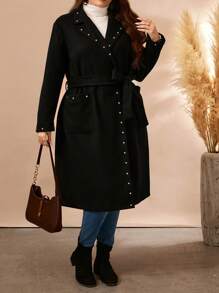 SHEIN LUNE Plus Size Women's Autumn/Winter Embellished Long Sleeve Long Overcoat Fall Cloth For Women - Black - View 6