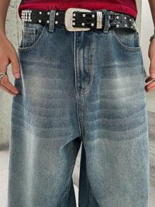 Manfinity EMRG Men's Blue Washed Ripped Wide Leg Baggy Jeans, For Husband, Boyfriend Gifts - Dark Wash - View 5