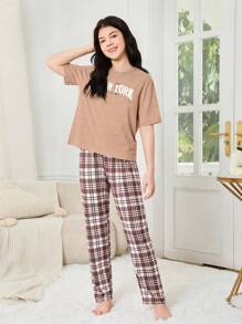 Teen Girl New Simple Top With Letter Print, Plaid Digital Print Pants, Casual Home Two Pieces Set