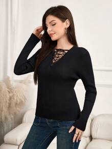 Modelyn Women Crisscross Tie V-Neck Hollow Out Knit Pullover Top, Knit Pullover Fall Winter - Black - View 3