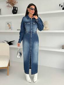 EURMUSE Elastic Belt Detailed Elegant Denim Dress - Medium Wash - View 6
