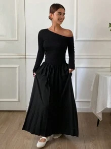 DAZY Solid Color Bodycon Long Sleeve Asymmetrical Shoulder Dress For Women,Fall Clothes - Black - View 8