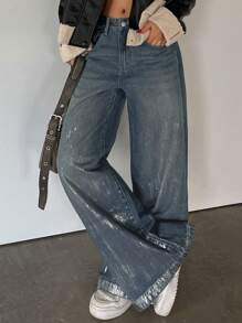 DAZY 女式阔腿银箔设计牛仔裤 - 中等水洗藍 - 查看 4