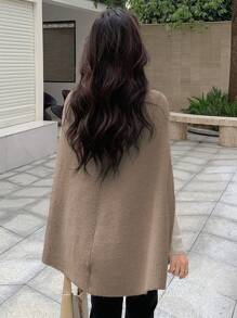 DAZY 女士休闲纯色立领斗篷毛衣，秋冬，秋季女装 - 卡其色 - 查看 2