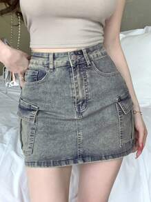 DAZY Women's Pocketed Baggy Cowgirl Denim Mini Skirt Jeans Skirt