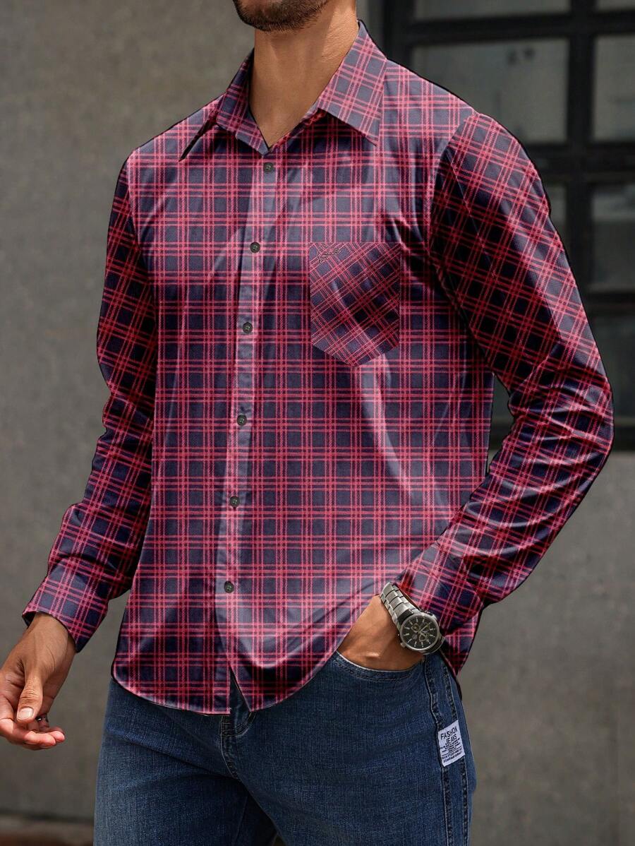 Manfinity Homme Men's Checkered Loose Fit Casual Long Sleeve Shirt, Spring And Autumn,Long Sleeve Shirt,Fall Men Clothes,Red And Blue Plaid Shirt,Christmas Clothing