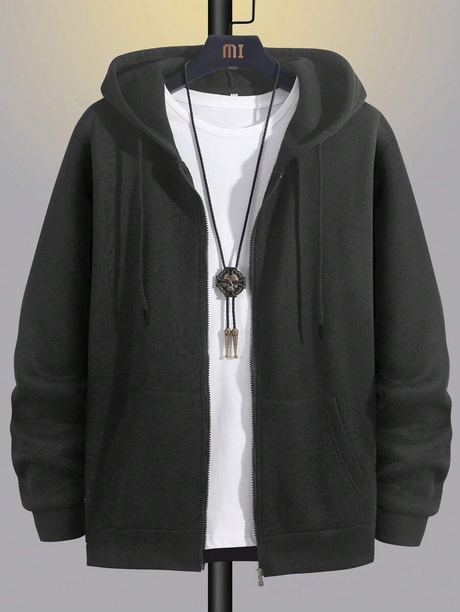 SHEIN Cottnline Men's Basic Style Pocket Patch Zipper Hoodie - Dark Grey - View 1