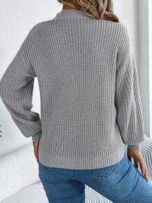 Lässiger, sexy V-Ausschnitt Pullover mit Cut Out Zopfmuster und Ballonärmeln für Herbst/Winter