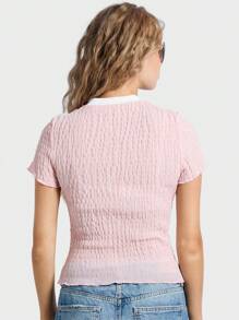 AiiRZ 褶饰修身撞色边饰圆领 T 恤 - 粉色 - 查看 2