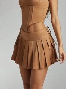 Denimoi Fall Women Clothes, Women's Suede Solid Color Low Waist Side Tie Waist Pleated Short Casual Brown Skirt, Mini Skirt.For Everyday Wear, Going Out, Concerts, Festivals,Party, Night Out - Camel - View 6