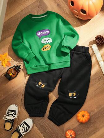 2 pièces Ensemble de tenue d'Halloween avec sweat-shirt à capuche avec bulle de dialogue amusante pour jeune garçon et pantalon de survêtement imprimé