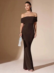 SHEIN BAE 女士纯色露肩性感透明优雅鱼尾露背修身舞会礼服，巧克力色 - 咖啡棕 - 查看 4