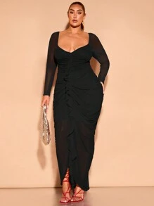 SHEIN BAE Đầm dài tay cổ tròn xếp nếp màu trơn mùa xuân hè cỡ lớn cho nữ, dáng ôm thanh lịch, phối lưới đỏ, dáng dài xếp nếp, thích hợp cho những chuyến du lịch hàng ngày, những buổi hẹn hò ngọt ngào và kỳ nghỉ - màu đen - Xem 3