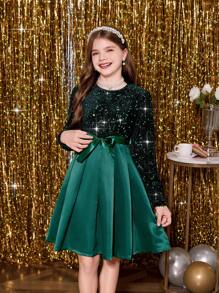 Tween Girl Shiny Contrast Sequin Satin Puff Dress, Green, For Christmas - Green - View 6