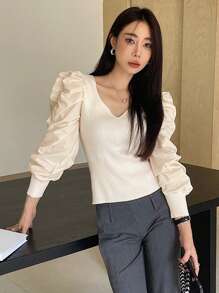 DAZY Áo len nữ tay phồng cổ chữ V, dáng ôm, thời trang thu đông, mùa thu cho nữ - Màu be - Xem 3