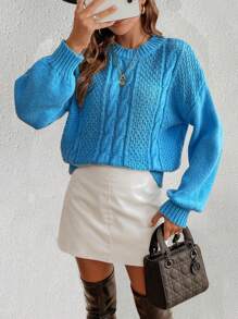 SHEIN Unity Blue Round Neck Cable Knit Twist Pullover Sweater, Knit ...