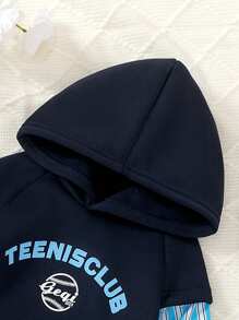 2 件套年轻女孩休闲可爱字母印花保暖内衬运动衫上衣和中长裤打底裤套装，秋冬 - 藍色 - 查看 3