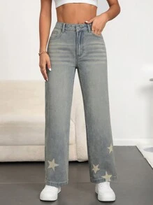 SHEIN Essnce Women's Loose Fit Five-Pointed Star Print Pocketed Casual Flared Jeans
