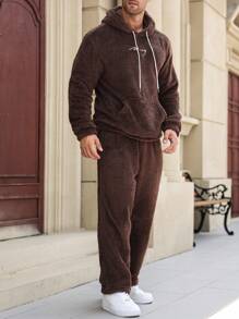 Manfinity Homme 2pcs Casual Men Plus Size Letter Embroidered Kangaroo Pocket Hooded Teddy Sweatshirt And Pants Set - Brown - View 5