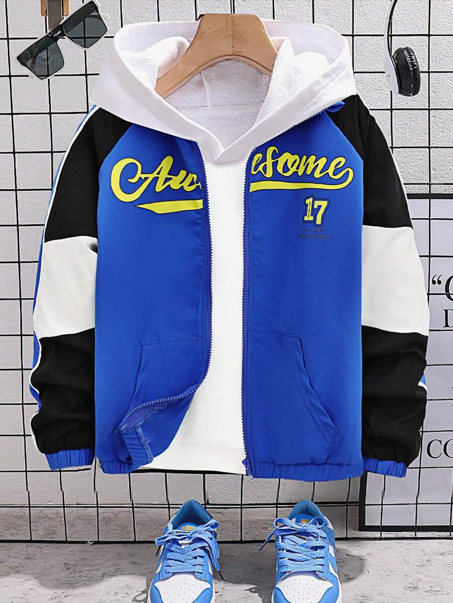 Tween Boy Basketball Series Zip-Up Long Sleeve Stand Collar Jacket, Spring Autumn - Multicolor - View 1